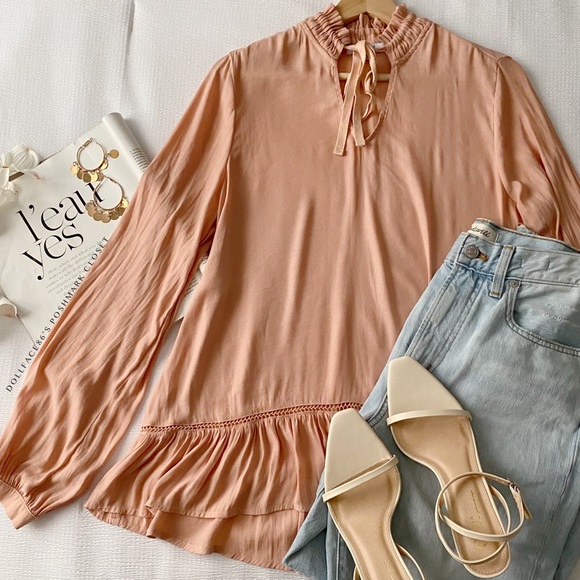 Ro + De Pink High Ruffle Neck Drop Waist Blouse - Picture 2 of 11